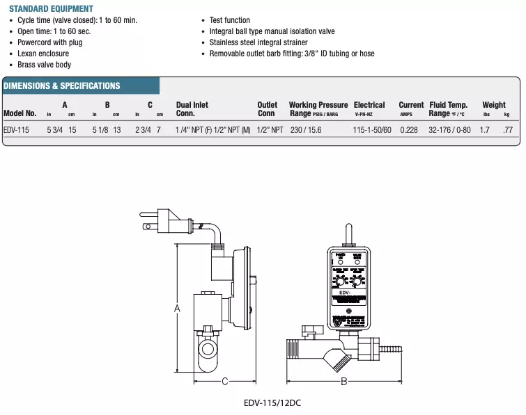 Solenoid Electric Drains Specs