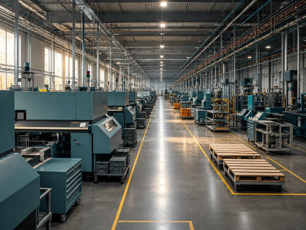 Modern manufacturing facility with production equipment, plant utilities, electrical systems and technical infrastructure.