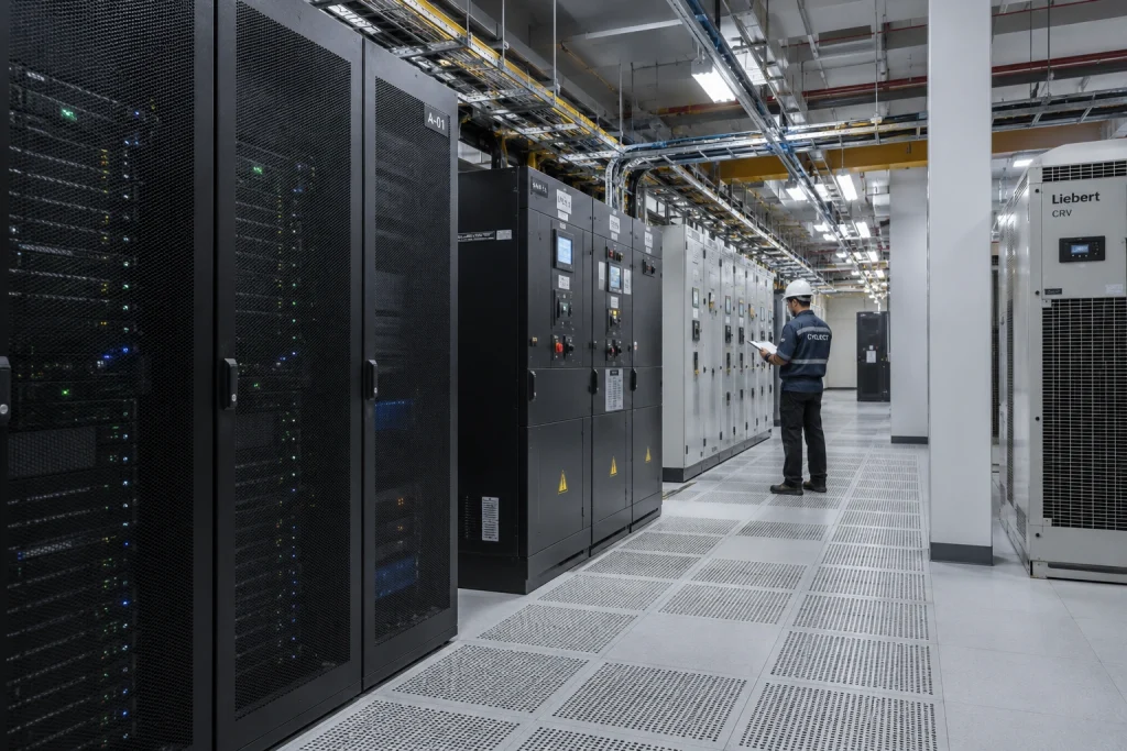 Data centre operations engineer inspecting critical power and cooling systems in a modern facility